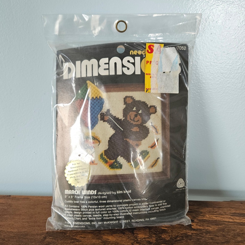 Vintage 1981 3D Dimensions March Winds Needlepoint Kit 7052 Teddy Bear Kite 5x5